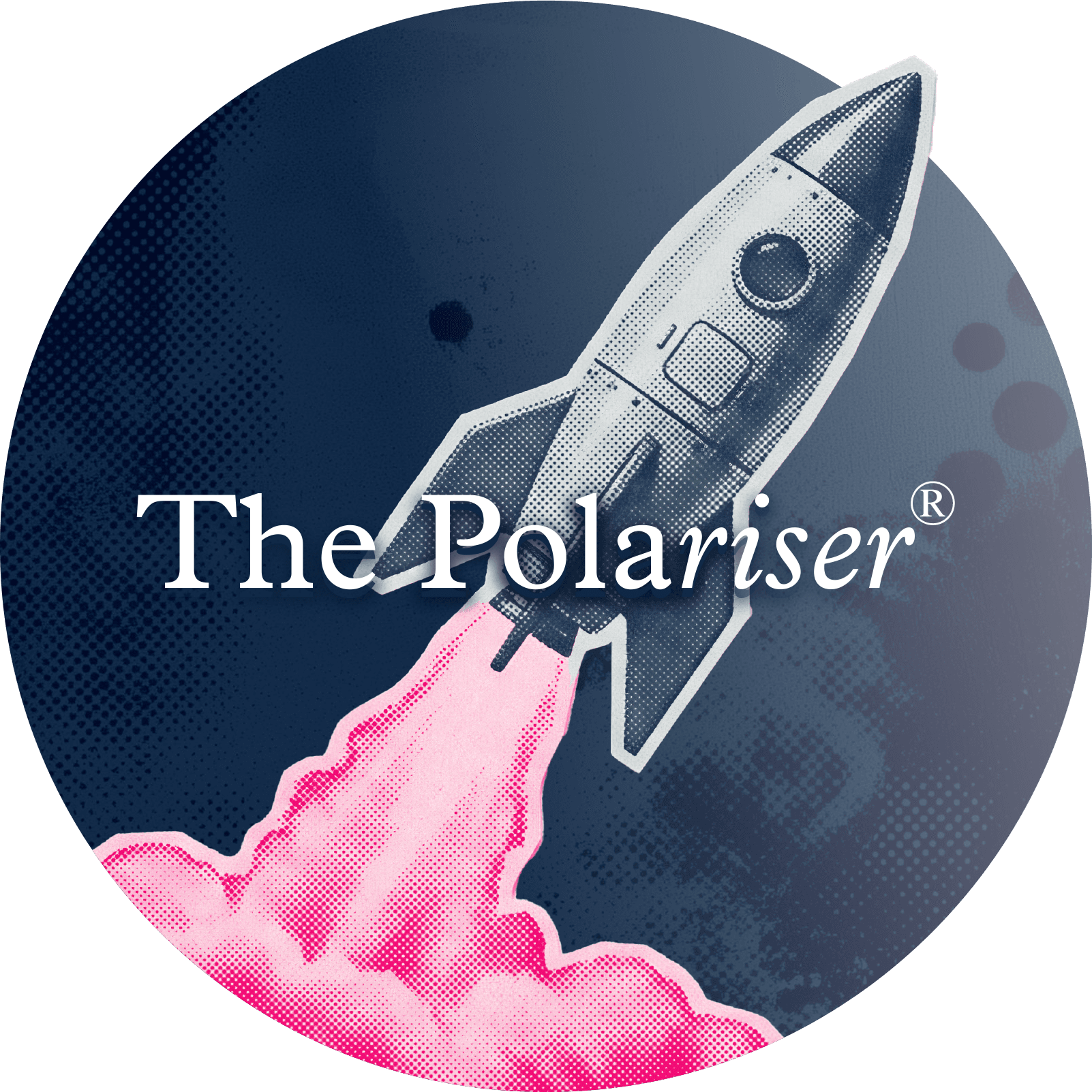 Illustrated rocket launching with pink exhaust, set against a dark circular background, overlaid with the text "The Polariser®".